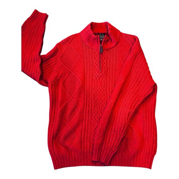 Jos A Bank Sweater Mens Large Cable Knit Red Lambs Wool Pullover 1/4 Zip - Picture 1 of 8